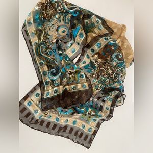 Beautiful Sheer Scarf, Brown, Tan and Turquoise Colors, 13” x 57”